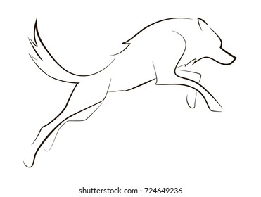 Running black line wolf on white background. Hand drawing vector graphic dog. Animal illustration.