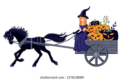 A running black stallion pulls a wagon with a witch and jack lanterns. isolated object. For Halloween.