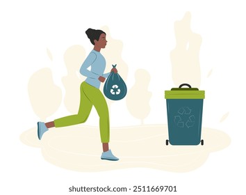 Running black woman with bag and recycling bin. Plogging. Ecology protection concept. Flat vector illustration isolated on white background