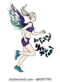 running blonde woman with colorful wings, motivation poster, vector illustration