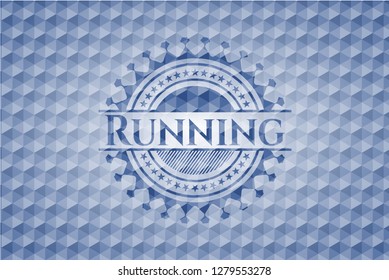 Running blue emblem with geometric background.