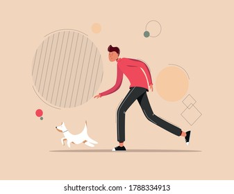 Running body. Tall boy with a dog