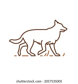 Ejecutando el símbolo de perro de la colilla de borde, símbolo de mascotas, ilustración de contorno dibujado a mano del vector de contorno para la identidad del logotipo, aislado en fondo blanco. Cría de perros pastores de mascotas amigables para pedigrí, diseño de iconos.