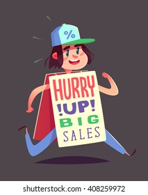 Running boy with an advert. Vector illustration.