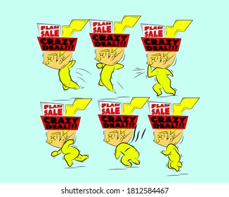 running boy in black friday label costum illustration with japan kawaii  doodle concept