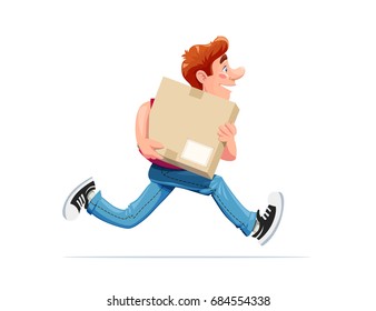 Laufender Junge trägt eine Kiste. Lieferservice. Cartoon-Charakter. Einziger weißer Hintergrund. Vektorgrafik.