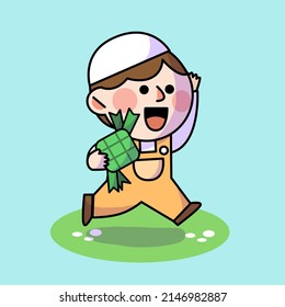 Running Boy Celebrating Eid Fitr Mubarak Doodle Poster Illustration Asset