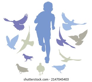 Running boy chases birds pigeons, colorful silhouette. Carefree childhood. Vector illustration