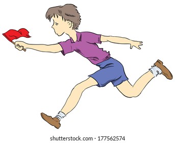Running boy with a flag. Vector drawing hand.