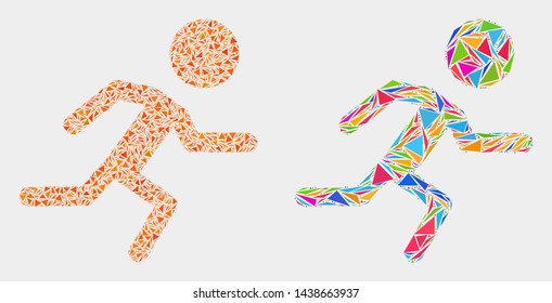 Running boy mosaic icon of triangle elements which have various sizes and shapes and colors. Geometric abstract vector design concept of running boy.