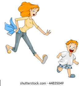 Corriendo a un chico de Madre tratando de cambiarse de ropa - Vector
