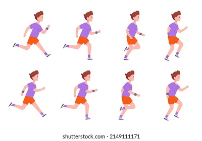 Running boy sequence. Little man run steps animation, profile motion 2d character step jogging men cycle loop sprite sheet frame cartoon runner athlete vector illustration. Sequence run people