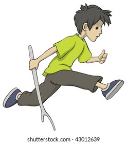 Running boy with a stick