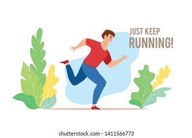 Running boy vector illustration in cute colorful cartoon flat style. Jogging man doing fit cardio training sport workout. Healthy lifestyle physical concept.