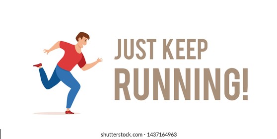 Running boy vector illustration in cute colorful cartoon flat style. Jogging man doing fit cardio training sport workout. Healthy lifestyle physical concept.