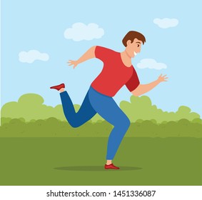 Running boy vector illustration in cute colorful cartoon flat style. Jogging man doing fit cardio training sport workout. Healthy lifestyle physical concept.