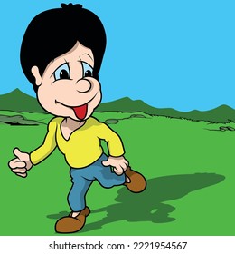 Chico en ejecución con camiseta amarilla - Ilustración de dibujos animados de color con fondo, vector