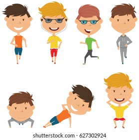 Running boys. Summer male workout exercise: jogging, squats, side plank and push ups.  Fitness sport people vector set. Active healthy training outside.