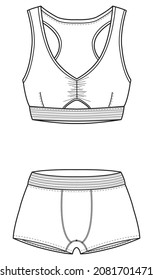 running bra and shorts vector. women sports wear template isolated illustration on white background. CAD mockup.