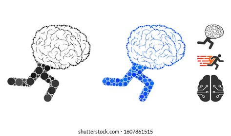 Running brain mosaic of filled circles in variable sizes and color tinges, based on running brain icon. Vector random circles are composed into blue mosaic.