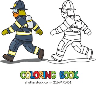 Running brave firefighter in helmet and uniform. Children vector illustration. Fire engine. Coloring book