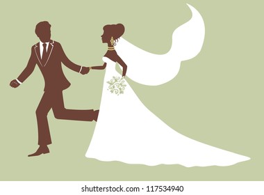 Running bride and groom in profile