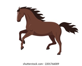 A running brown horse. Vector illustration of a running athletic brown horse stallion on isolated on white. Flat design, side view.