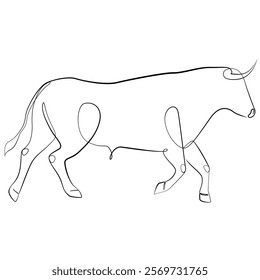 Running bull one line drawing on white isolated background
