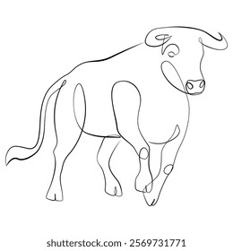 Running bull one line drawing on white isolated background