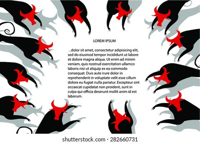 Running Bulls horizontal page design with text place. Twelve bulls run around place for text in the center. Inspired by San Fermin Festival (Pamplona, Spain) vector illustration. Clip art, Eps 10.