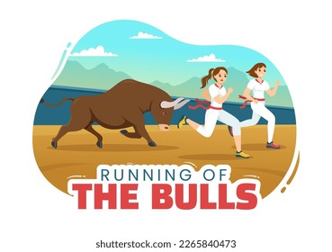 Running of the Bulls Illustration with Bullfighting Show in Arena in Flat Cartoon Hand Drawn for Web Banner or Landing Page Template