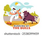 Running of the Bulls Vector Illustration featuring a Bullfighting Competition and Bulls Chasing in an Arena with a Flat Style Cartoon Background