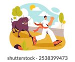 Running of the Bulls Vector Illustration featuring a Bullfighting Competition and Bulls Chasing in an Arena with a Flat Style Cartoon Background