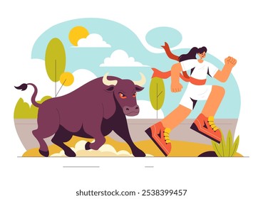 Execução da Ilustração do Vetor Bulls com uma Competição de Bullfighting e Bulls Chasing em uma Arena com um Plano de Fundo de Cartoon Estilo Plano