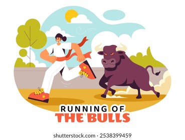 Running of the Bulls Vector Illustration featuring a Bullfighting Competition and Bulls Chasing in an Arena with a Flat Style Cartoon Background