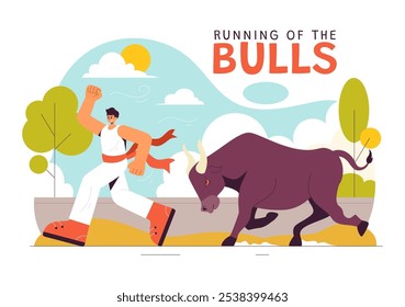 Execução da Ilustração do Vetor Bulls com uma Competição de Bullfighting e Bulls Chasing em uma Arena com um Plano de Fundo de Cartoon Estilo Plano