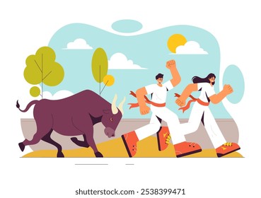 Execução da Ilustração do Vetor Bulls com uma Competição de Bullfighting e Bulls Chasing em uma Arena com um Plano de Fundo de Cartoon Estilo Plano