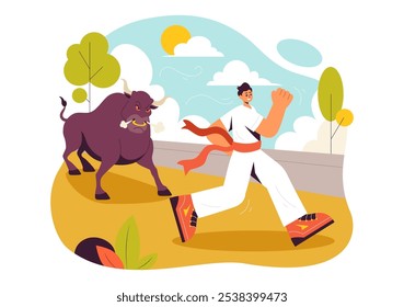 Execução da Ilustração do Vetor Bulls com uma Competição de Bullfighting e Bulls Chasing em uma Arena com um Plano de Fundo de Cartoon Estilo Plano