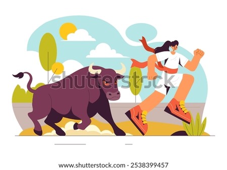 Running of the Bulls Vector Illustration featuring a Bullfighting Competition and Bulls Chasing in an Arena with a Flat Style Cartoon Background