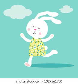 Сute running bunny in a dress.Flat hand drawn vector character.