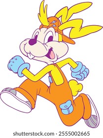 Running bunny rabbit in a jumpsuit trouser with smiling happy face and look energetic