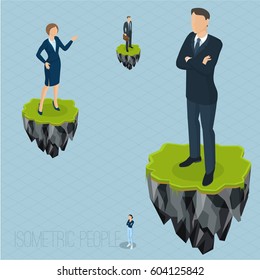 Running business fantasy concept with shaking hands partners on flying rock islands. Vector abstract illustration template.