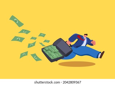 Running business man character with opened suitcase and flying out money in trendy style with stylised big hands and small head. Vector eps10