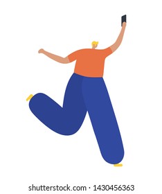 Running business man  holding/showing/displaying a mobile phone . Flat style modern vector illustration.