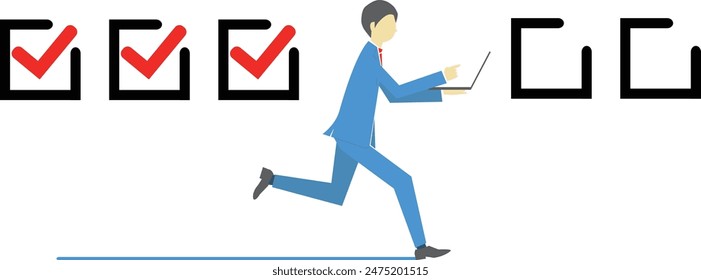 Running business man with PC and check marks