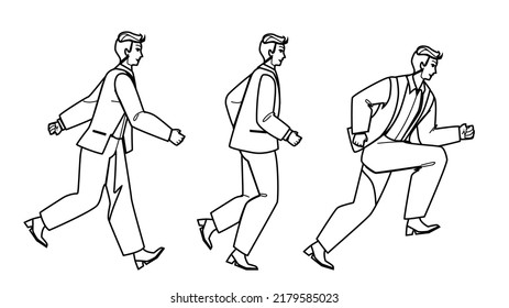 running business man vector. run fast person, strong hurry race, corporate worker, success job running business man character. people black line pencil drawing vector illustration