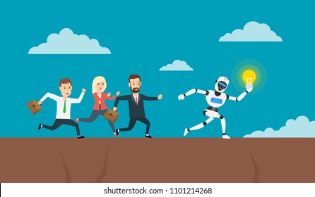 running business people chasing robot humanoid with lightbulb