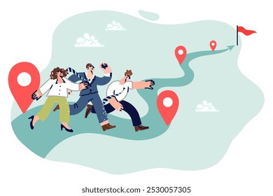 Running business people compete in speed of completing task, and compete towards flag at end of path. Competing men and women demonstrate fair fight for obtaining new position in company