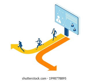 Running business people and computer screen showing diagrams and graphs. Business concept illustration  