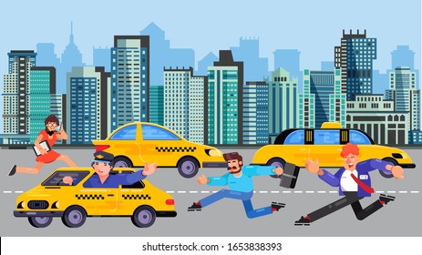 Running Business People Men, Woman Late For Work Rushing To Catch Taxi Car Vector Illustration. Businessmen Hurry To Yellow Taxi Transportation, Road, City Street, Houses And Buildings Of Megalopolis.